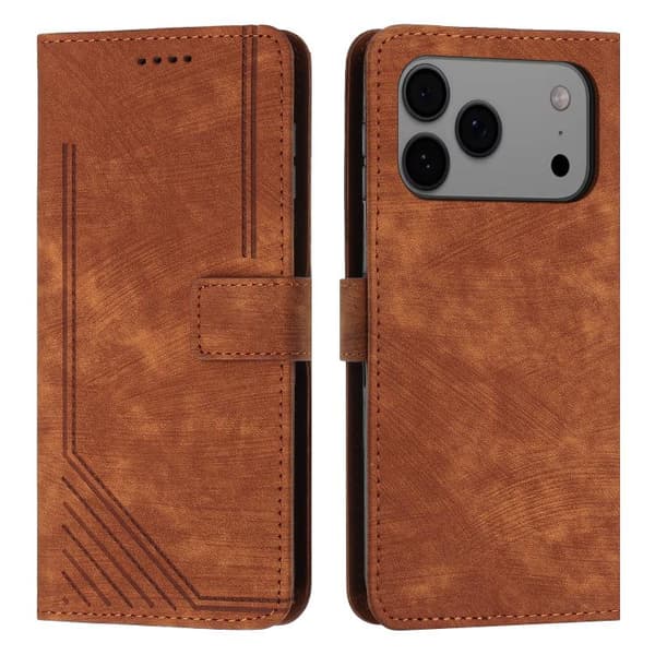 iPhone 18 Pro Max / iPhone 17 Pro Max Skal läderfodral med randigt mönster och lanyard Brun