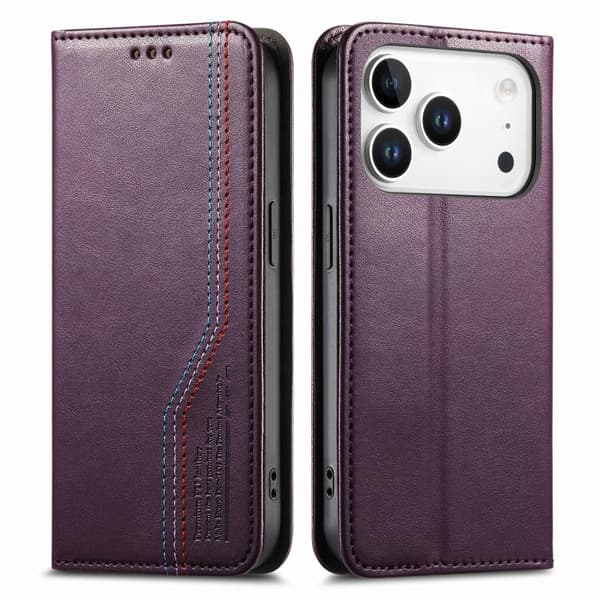 iPhone 17 Pro Skal Läderfodral med Elastisk Handledsrem och Magnetisk Sugfunktion Purpur