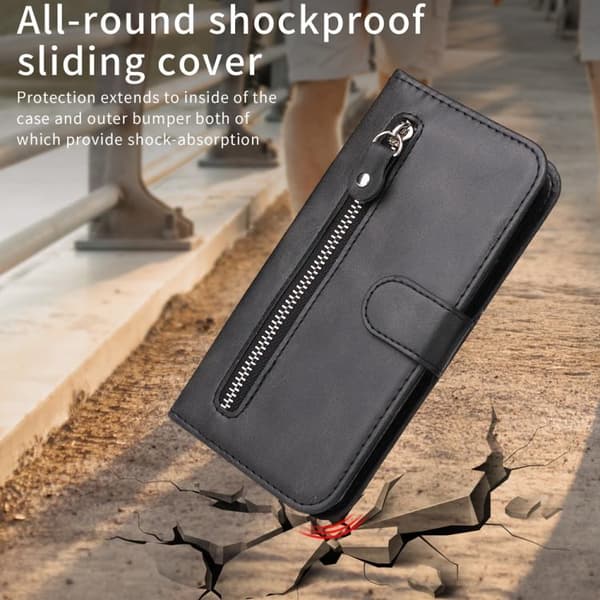 iPhone 18 Pro Max / iPhone 17 Pro Max Skal läderfodral - mode med kalvskinnstextur och dragkedja Svart