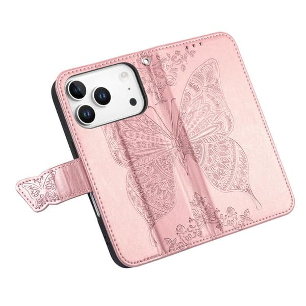 iPhone 18 Pro Max / iPhone 17 Pro Max Skal läderfodral med fjäril och blomma - relief Roséguld