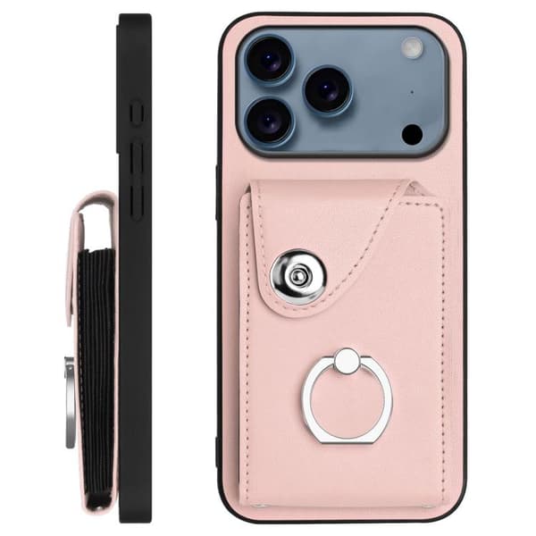 iPhone 18 Pro / iPhone 17 Pro Skal med Organ Kortväska och Ringhållare samt Lång Lanyard Rosa