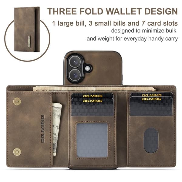 iPhone 17 Skal läderfodral DG.MING M1 Series 3-Fold Multi Card Wallet Kaffe