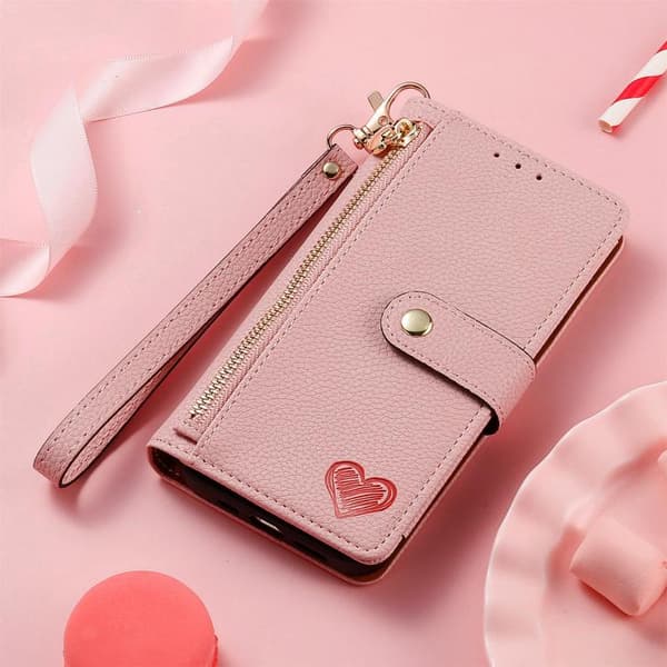 iPhone 17 Pro Max Skal Läderfodral med Kärlek Zipper Lanyard Rosa