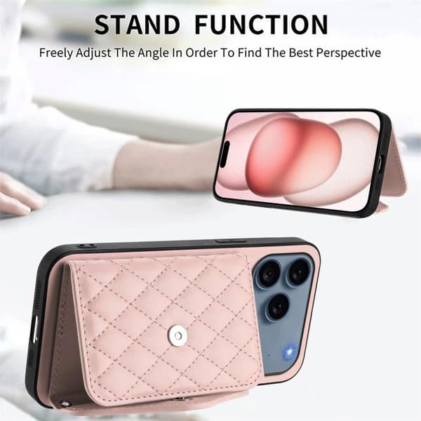 iPhone 18 Pro / iPhone 17 Pro Skal med Rhombisk Textur och Lång Lanyard Roséguld