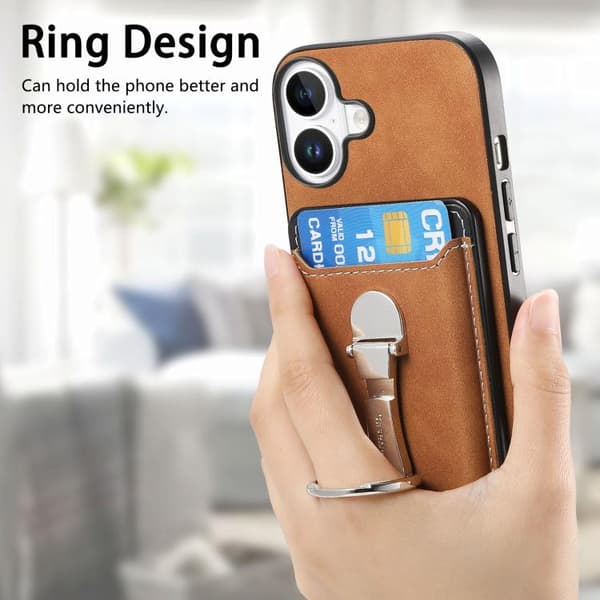 iPhone 17 Skal med Retro Fällbart Ringhållare och Kortfack MagSafe Brun
