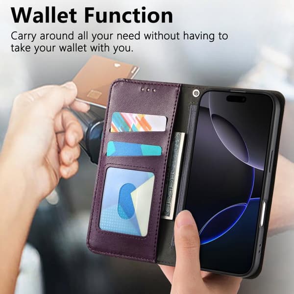iPhone 17 Skal Läderfodral med Elastisk Handledsrem och Magnetisk Sugfunktion Purpur