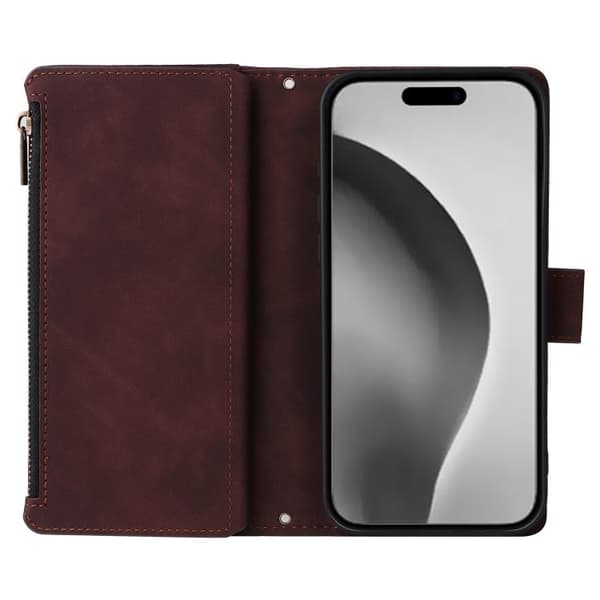iPhone 16 Pro Multifunktionell Multi-Kort Wallet Skal Läder Fodral Kaffe