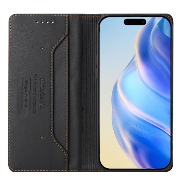 iPhone 18 Pro / iPhone 17 Pro Skal läderfodral med dubbelvikts magnetisk sug och RFID Svart
