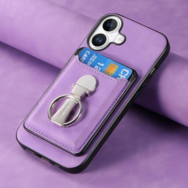iPhone 17 Skal med Retro Fällbart Ringhållare och Kortfack MagSafe Purpur