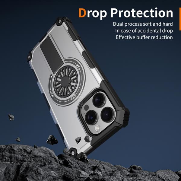 iPhone 16 Pro Shockproof Kickstand Metallic Shaft MagSafe Skal Silver