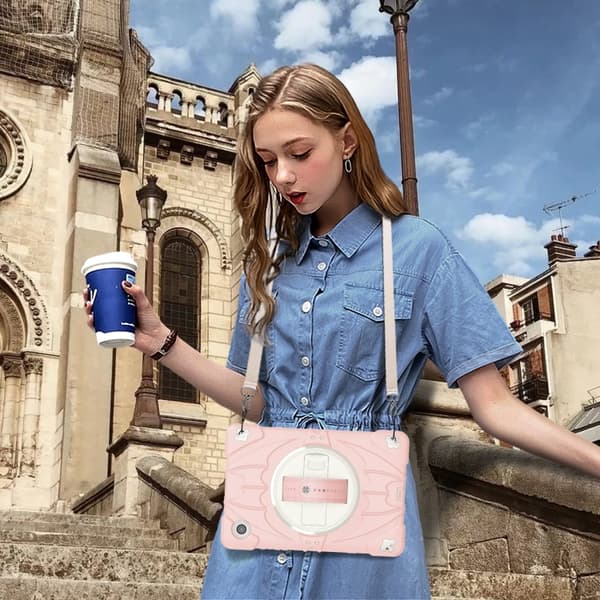 Samsung Galaxy Tab A8 Bat Hand Grip Ställning Tabletfodral Rosa Vit