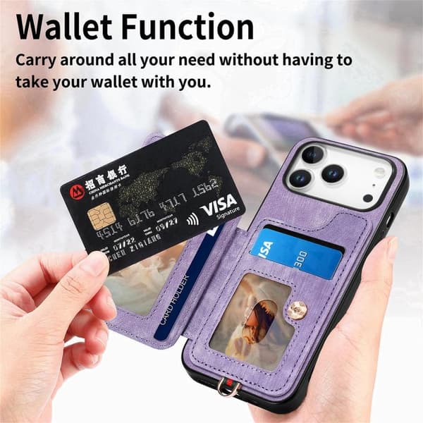 iPhone 18 Pro Max / iPhone 17 Pro Max Retro Skinnkänsla Ring Multi-kort Skal Purpur