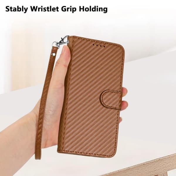 Redmi Note 14 Pro+ 5G YX0070 Kolfiber Spänne Läder fodral med Lanyard Kaffe