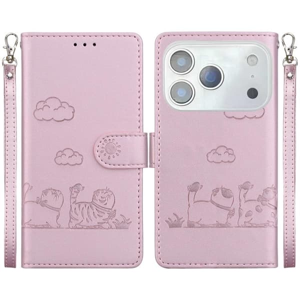 iPhone 18 Pro Max / iPhone 17 Pro Max Skal läderfodral med söta katter Roséguld