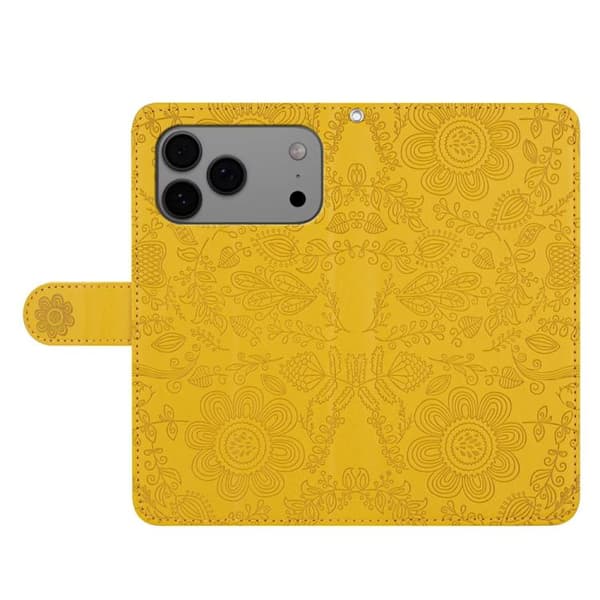 iPhone 17 Pro Max Skal läderfodral med blommönster - relief Gul