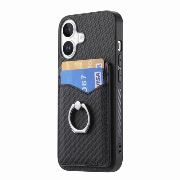 iPhone 17 Skal - Kolfiber med Kortficka och Ring Svart