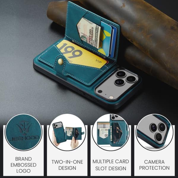 iPhone 18 Pro Max / iPhone 17 Pro Max Skal JEEHOOD Retro Magnetisk Avtagbar Plånbok Blå