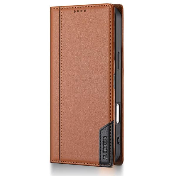 iPhone 17 Pro Max Skal läderfodral N.BEKUS P3 RFID med magnetisk flip Brun