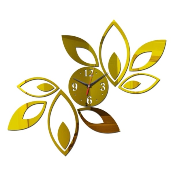 Blomsterkonst Modern Design DIY Avtagbar 3D Kristallspegel Väggklocka Väggdekal Vardagsrum Sovrumsdekor (Guld)