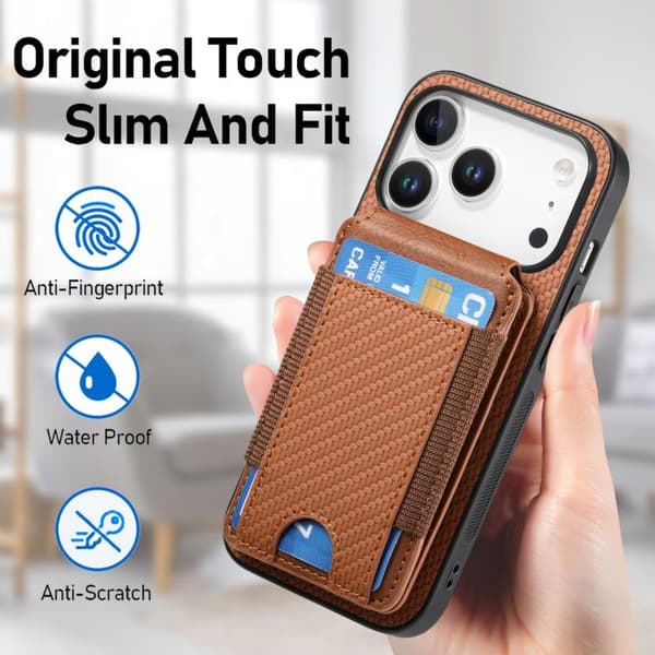 iPhone 18 Pro Max / iPhone 17 Pro Max Skal - Kolfiber med Vertikal Flip och Ställfunktion Brun