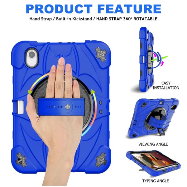 iPad mini 6 / mini 2024 Bat Hand Grip Turntable Skal - Läderfodral Blå Svart