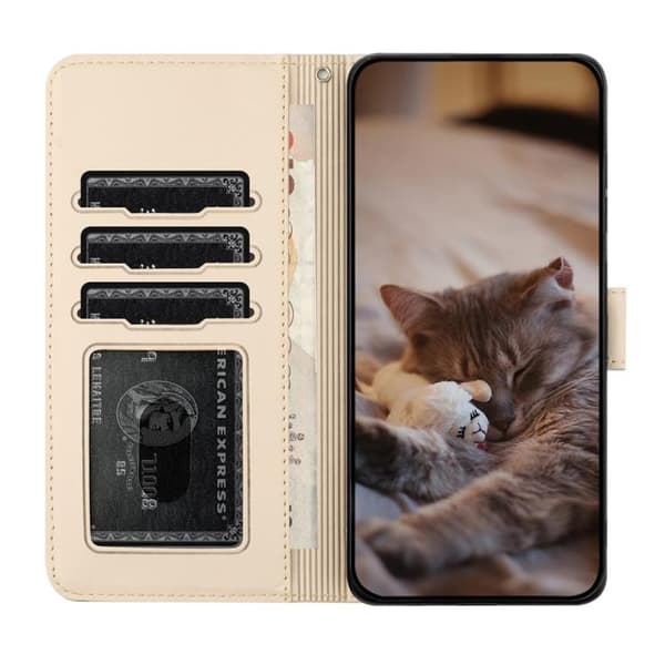 iPhone 18 Pro / iPhone 17 Pro Skal läderfodral med kattprägling och rem Beige
