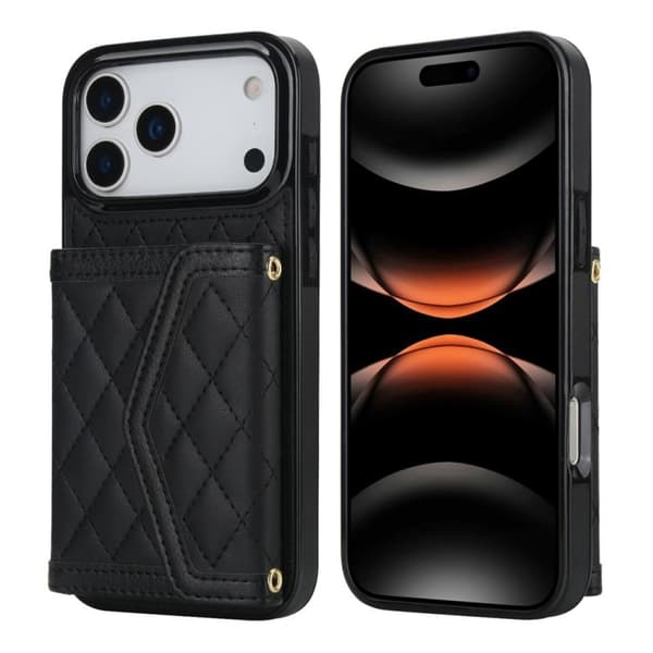 iPhone 17 Pro Max Skal med Splicing Rhombic Textur och Lång Lanyard Svart