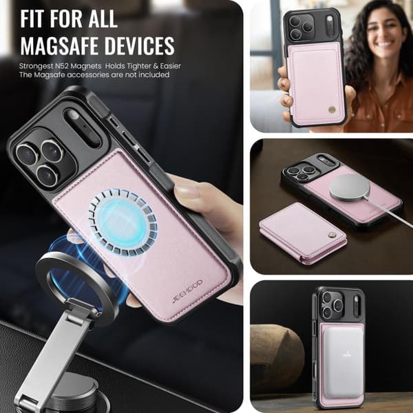 iPhone 18 Pro Max / iPhone 17 Pro Max Skal läderfodral JEEHOOD Business Magnetisk Stil RFID Rosa