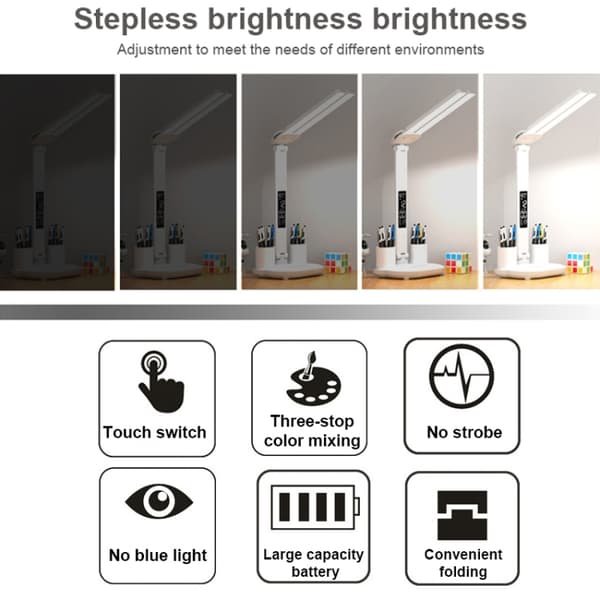LED Intelligent Digital Display Fällbar Skrivbordslampa - Dubbelhuvud USB Rak Plug