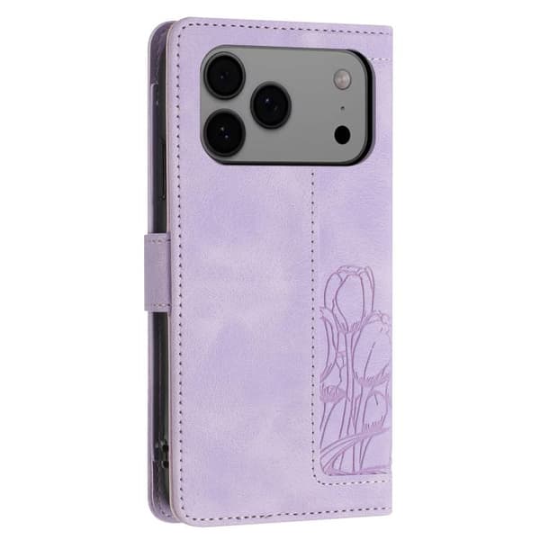 iPhone 18 Pro Max / iPhone 17 Pro Max Skal läderfodral med tulpaner och lanyard Purpur
