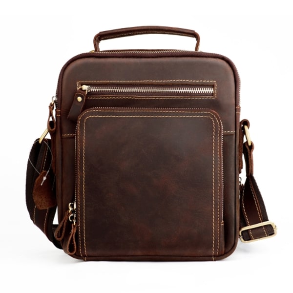6050 Crazy Horse Textur Äkta Läder Crossbody Väska för Män Kaffe