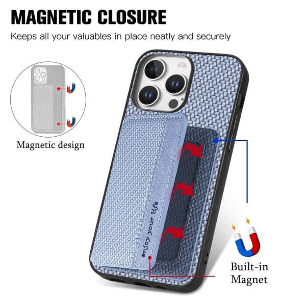 iPhone 16 Pro Max Skal Kolfiber med Magnetisk Kortficka och RFID-Skydd Blå