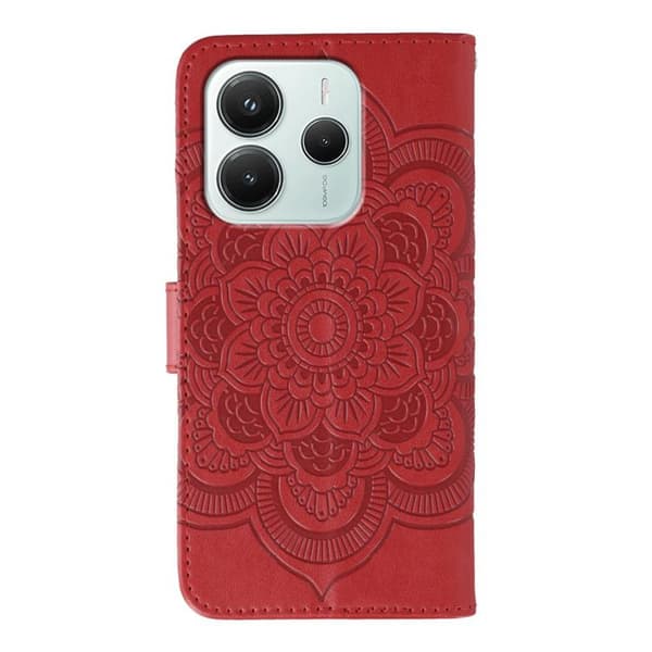 Redmi Note 14 4G - Läderfodral med Sol Mandala Prägling, Röd