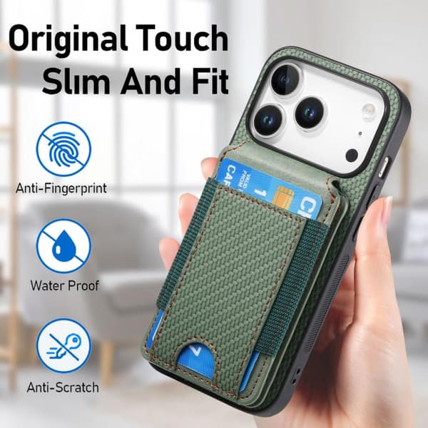 iPhone 18 Pro Max / iPhone 17 Pro Max Skal - Kolfiber med Vertikal Flip och Ställfunktion Grön