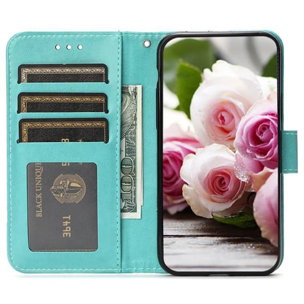 iPhone 18 Pro Max / iPhone 17 Pro Max Skal Läderfodral med Rosafärgad Fjäril Prägling Grön