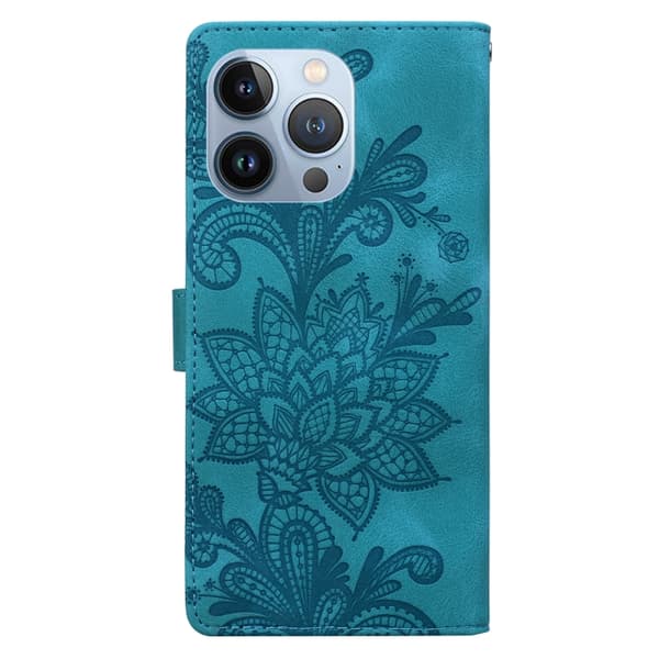 iPhone 16 Pro Skal med Blommönster och Magnetisk Spänne PU med Handledsrem Grön