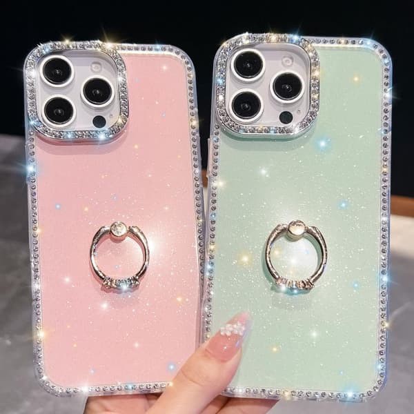 iPhone 18 Pro Max / iPhone 17 Pro Max Skal med Rhinestone Glitter och Ringhållare, Anti-fall Vit
