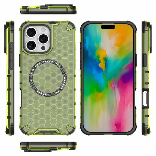 iPhone 16 Pro Honeycomb Magnetisk Ring Stötsäker Skal Grön