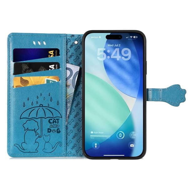 iPhone 18 Pro Max / iPhone 17 Pro Max Skal läderfodral med präglade katter och hundar Blå