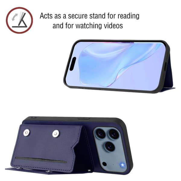 iPhone 18 Pro Max / iPhone 17 Pro Max Skal med Fyra Kortfack och Handledsrem Blå