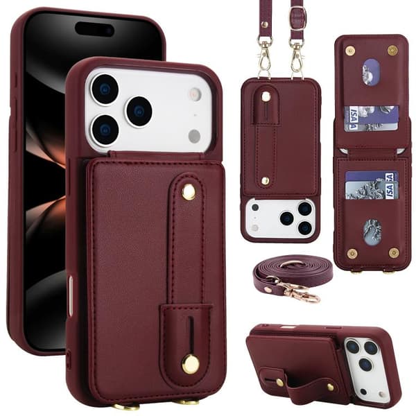 iPhone 18 Pro Max / iPhone 17 Pro Max Skal med Vertikal Flip och Lång Lanyard Vinrött
