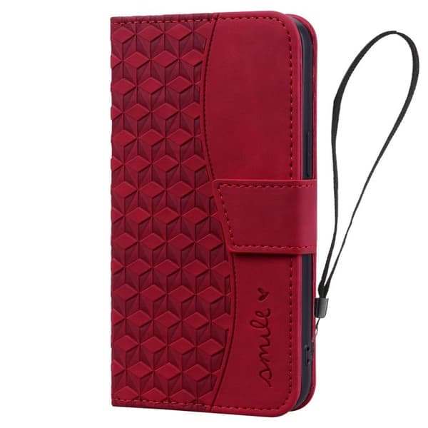iPhone 18 Pro Max / iPhone 17 Pro Max Skal Läderfodral med Diamantspänne och Lanyard Vinrött