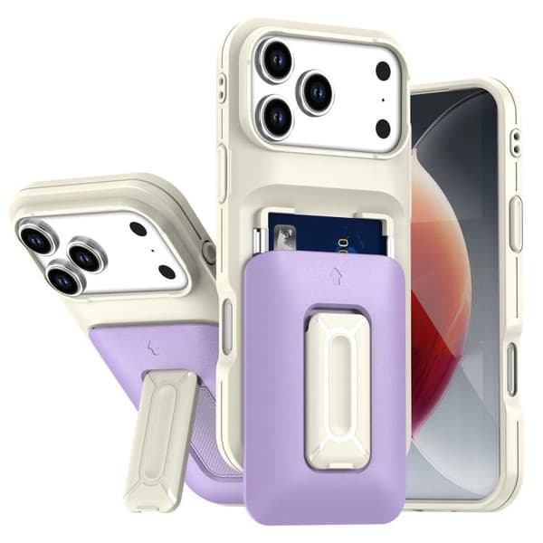 iPhone 18 Pro Max / iPhone 17 Pro Max Skal med Sliding Card Holder och Kickstand Beige Lila