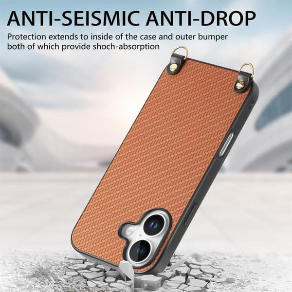 iPhone 17 Skal - kolfibertextur med axelrem Brun