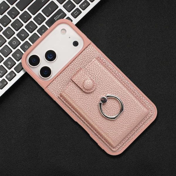 iPhone 18 Pro Max / iPhone 17 Pro Max Skal med Litchi-textur och Ringhållare Roséguld