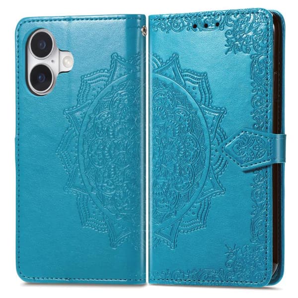 iPhone 17 Skal Läderfodral med Mandala Blomma Prägling Blå