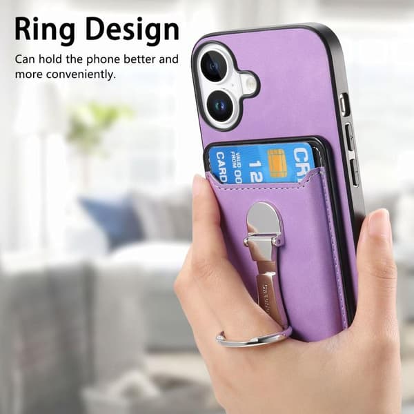 iPhone 17 Skal med Retro Fällbart Ringhållare och Kortfack MagSafe Purpur