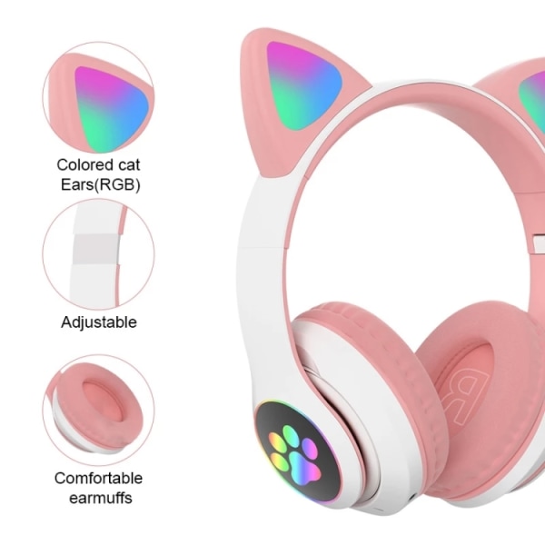 T&G TN-28 3,5 mm Bluetooth 5.0 Dubbel Anslutning RGB Katt Öra Bas Stereo Brusreducerande Hörlurar TF-kort Med Mikrofon Lila