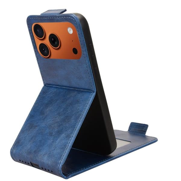 iPhone 17 Pro Skal läderfodral med magnetisk vertikal flip och spänne Blå