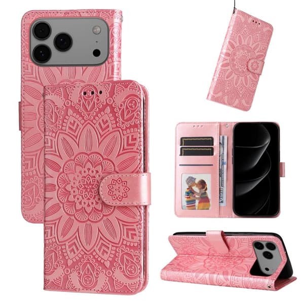 iPhone 18 Pro Max / iPhone 17 Pro Max Skal läderfodral med präglad solros Rosa